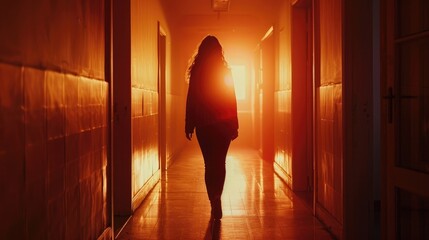 Wall Mural - Silhouette of a woman Walking toward corridor light, aesthetic look