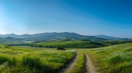 Beautiful green grass landscape with path and blue sky, summer nature background. Panoramic view of meadow in spring or autumn season. Green hills on horizon, blue clear cloudless sunny sky. 