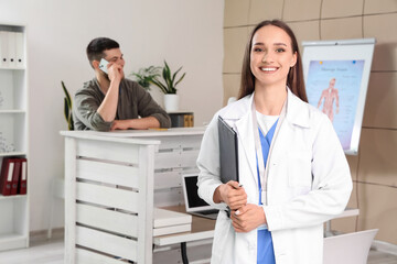 Poster - Female receptionist with clipboard at hospital