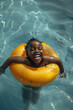 A joyful and carefree young child is seen having the time of their life while floating on a vibrant swimming ring in a refreshing pool, giggling with happiness and enjoying a perfect summer day.
