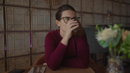 Wall Mural - A contemplative hispanic woman drinking in a modern cafe captures a casual dining experience.