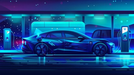 Poster - Show a fast-paced, efficient battery swap station for electric vehicles in a sleek, clean design style