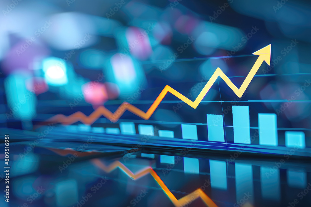 arrow pointing upwards digital chart, blured background, business graph ...