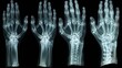 X-ray view of human hands in different positions, useful for orthopedic studies and anatomical demonstrations.