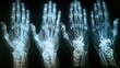 X-ray view of human hands in different positions, useful for orthopedic studies and anatomical demonstrations.