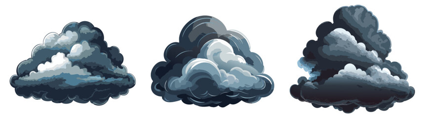 Wall Mural - Set of three fluffy dark clouds isolated on a white background