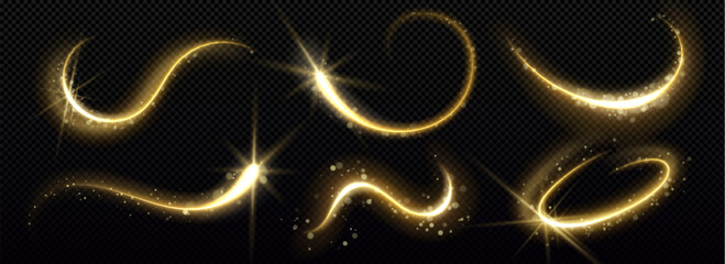 Gold magic star trail with glitter and light dust. Golden particle glow effect on black background. Abstract swirl line with shimmer and sparkle motion element. Festive Christmas confetti and stardust