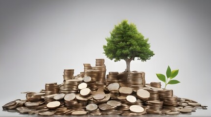 concept of financial investment money saving money growth business success and eco business investment sustainable finance hand holding step of coins stacks with tree growing on. generative.ai