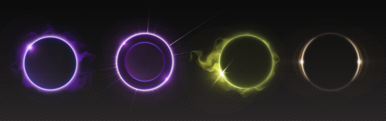 Poster - Halo light ring with neon flare glow effect vector. 3d abstract circular magic portal. Shine radial speed line design. Round space ball with spiral aura edge motion for nightclub party digital graphic