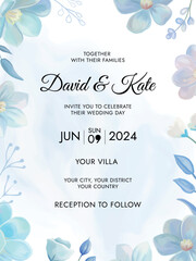 Elegant wedding invitation with beautiful blue watercolor floral template
