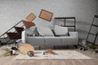 © Pixel-Shot - Interior of messy living room with sofa and shelf units