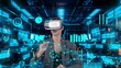 Businesswoman selecting network information of world market graph analysis VR future global innovation business interface digital infographic network technology virtual hologram server. Contraption.