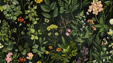Wall Mural - Seamless botanical pattern featuring plants herbs and flowers