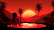 A woman is sitting in a pool with a sunset in the background