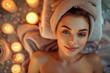 A female in a spa, wrapping a towel around her head after a relaxation session. Beauty spa concept