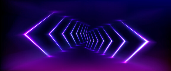 Poster - Abstract purple neon light arrow design background. Futuristic banner for modern party with speed laser and led direction graphic. Gamer motion effect bright fluorescent backdrop with violet beam