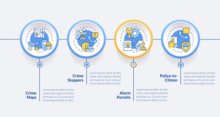 Sticker - Public security circle infographic template. Crime stoppers. Data visualization with 4 steps. Editable timeline info chart. Workflow layout with line icons. Lato-Bold, Regular fonts used