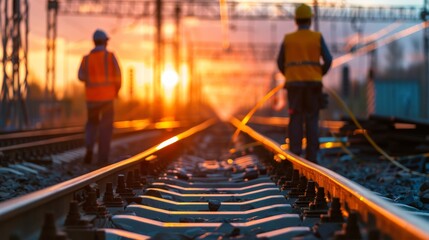 Railway workers on the tracks at sunset.