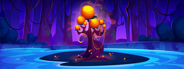 Dark night forest with lake and magic fantasy neon glowing yellow and orange tree and flowers on island. Cartoon vector illustration of fantastic enchanted garden with bizarre alien luminous plant.