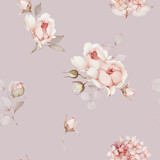 Fototapeta Kwiaty - Seamless pattern with bouquets of flowers. Spring roses in watercolor style