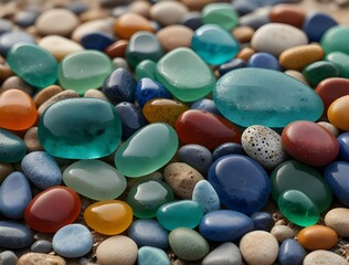 Colorful gemstones on a beach. Polish textured sea glass and stones on the seashore. Green, blue shiny glass with multi-colored sea pebbles close-up. Beach summer background.