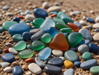 Colorful gemstones on a beach. Polish textured sea glass and stones on the seashore. Green, blue shiny glass with multi-colored sea pebbles close-up. Beach summer background.