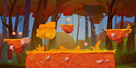 Poster - Game level map with flying ground platform for run and jump gameplay. Cartoon vector illustration of autumn forest with soil and stone floating islands with yellow grass. Fall landscape gui design.
