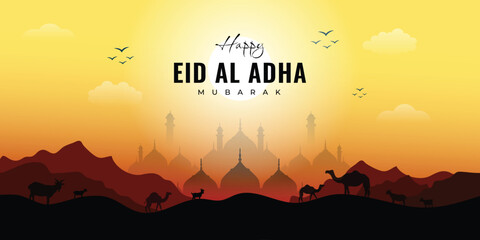 Bakrid eid al adha festival wishing or greeting banner design with mosque, sheep, moon, yellow background vector illustration