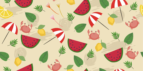 Leinwandbilder - Summer pattern with umbrellas, watermelons, crabs and lemon. Seamless summer pattern with bright attributive objects and fruits.