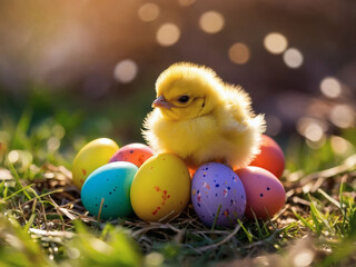 Wall Mural - Easter Hatchling Delight, Yellow Chick with Colorful Eggs, Celebrating Spring