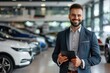 Sales man at a car showroom, holding tablet and smiling to the camera