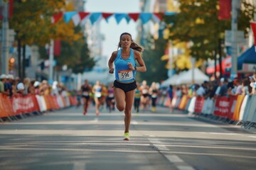 Woman running past finish line