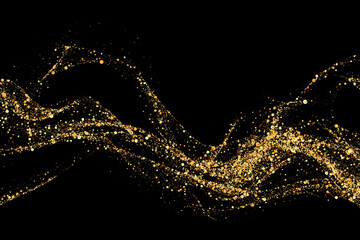 Wall Mural - gold shiny abstract wave,gold lines design element with glitter effect on black background.