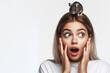 surprised woman look up mouse on head a white background