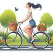 woman riding a bicycle on a road isolated on a white background
