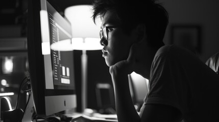 Side view of professional software developer coding program or engineering prompt. Skilled programmer typing computer and laptop while developing system with blurring background. Technology. AIG42.