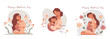 Set of vector Happy Mother`s Day cards. Happy motherhood and childhood. Nice young moms with kids. Women loves their children. Love and tenderness in a friendly family.