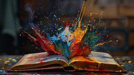 Poster - Colorful paint splashing out of an open book, artistic background