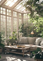 A living room in sunlight with large windows a sofa in checkered pattern fabric