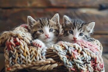 Poster - Two kittens are seated inside a basket with knitted blankets. Generative AI
