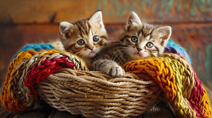 Poster - Adorable kittens snuggled in a basket with knitted blankets, looking cozy and content together. Generative AI