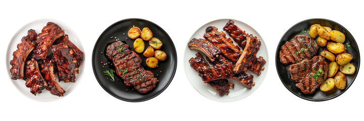 Set of  grilled beef steaks and Barbecue ribs on a plate top view isolated on a transparent background