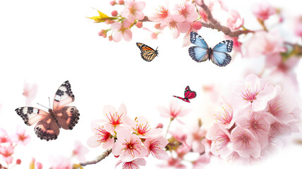Pink Cherry Blossoms with Butterflies isolated on a transparent background