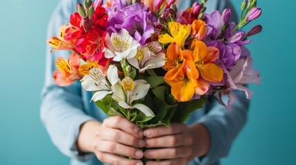 Colorful Flowers Against Blue Background Generative AI