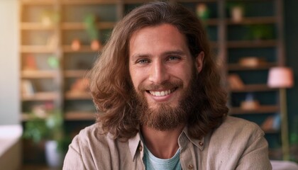 Wall Mural - Portrait of a charismatic young man with a bright smile, long wavy hair, and beard posing casually