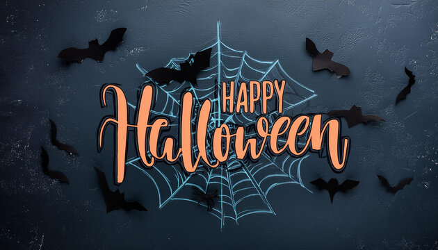 Handwritten calligraphy with spider webs and bats for happy Halloween greeting card