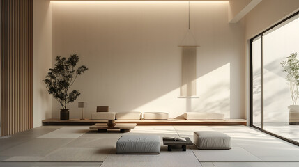 minimalist living room interior, beige sofa wooden platforms, two potted plants, a hanging light fixture, large windows, and a patterned rug with cushions