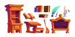 Magic school room interior furniture and studying elements. Cute cartoon vector illustration set of wizard education classroom objects - wooden desk and bookcase, closed and open book, blackboard.