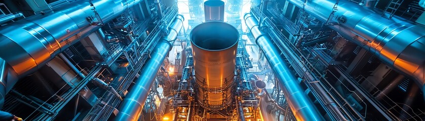 Wall Mural - A dramatic image of nuclear fuel rods being inserted into a reactor core, with a backdrop of complex machinery and ambient blue lighting