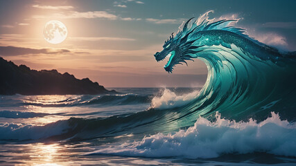 Wall Mural - Glowing Celestial Lunar Tide Wave Dragon shape: A water wave resembling ocean waves illuminated by LED lights, but with a lunar twist, creating a serene and celestial motion that transforms the entire
